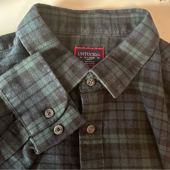 UNTUCKit Mens Vallone Slim Plaid Cotton Button Down Shirt Size XL Black Green - Picture 3 of 7